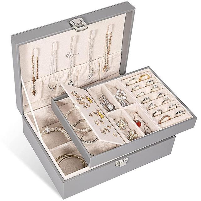 Voova Jewelry Box Organizer for Women Girls, 2 Layer Large Men Jewelry Storage Case, PU Leather Display Jewel Holder with Removable Tray for Necklace Earrings Rings Bracelets, Vintage Gift, Grey