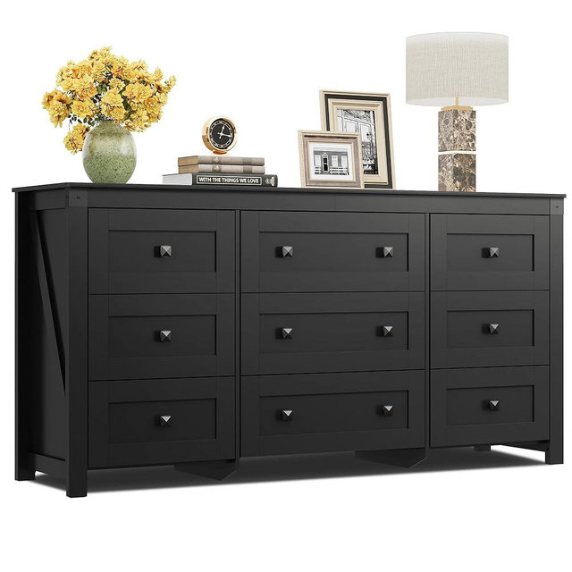 WLIVE Farmhouse Dresser for Bedroom, 63" Wide 9 Drawer Dresser Storage Organizer, Wood Chest of Drawers for Bedroom, TV Stand for 70 inch TV, for Living Room, Hallway, Ball Bearing Slide (Black)