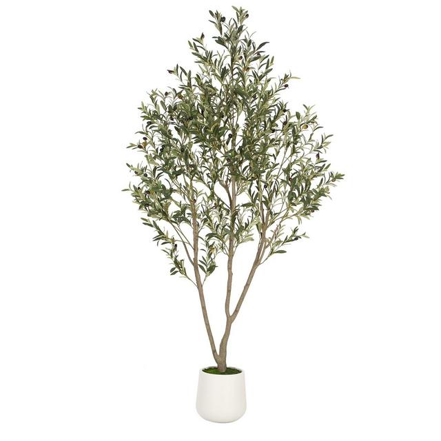 Romswi Faux Olive Tree with Oval White Planter, 7 FT Tall Faux Olive Trees, with Natural Wood Trunk Lifelike Fruits, Fake Greenry Plant for Home Decor