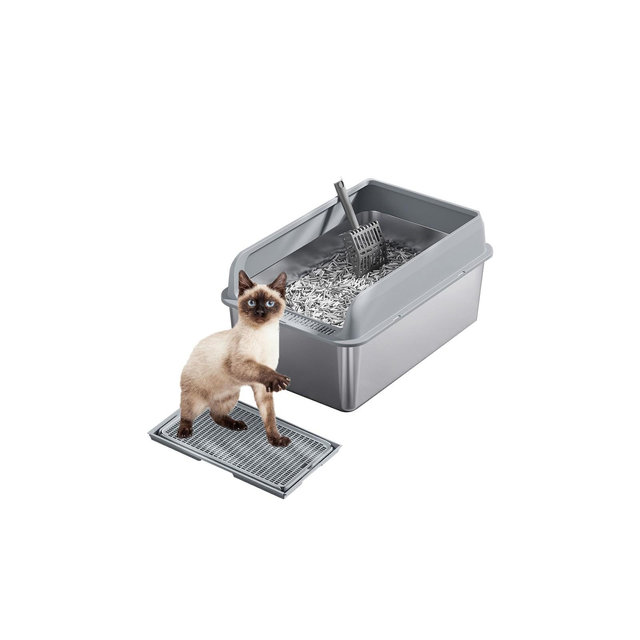 8'' Deep Stainless Steel Cat Litter Box with Lid, Large Metal Litter Box, Kitty Litter Box with Scoop and Mats, Non-Sticky, Easy Clean,Odorless Grey