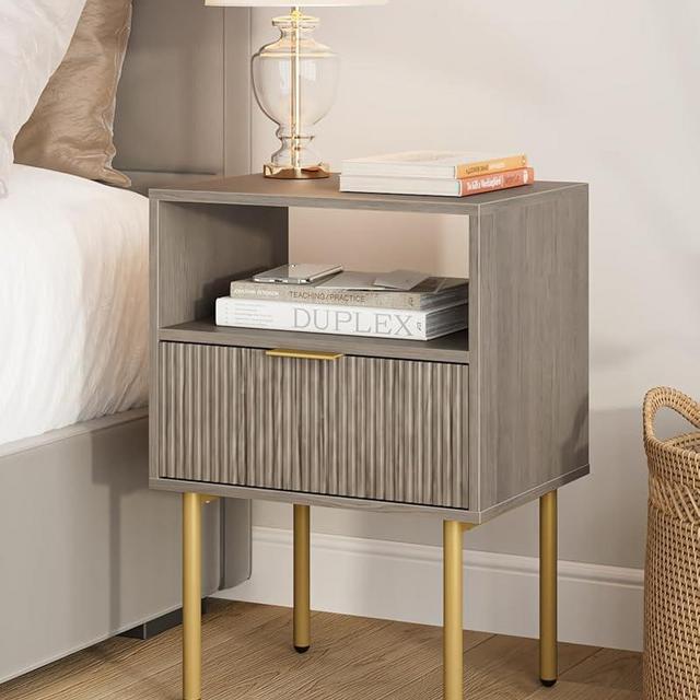 Masupu Night Stand,Mid-Century Modern Bedside Table with Storage Drawer and Open Wood Shelf,Small Gold Frame Side Table for Bedroom,Living Room, Grey