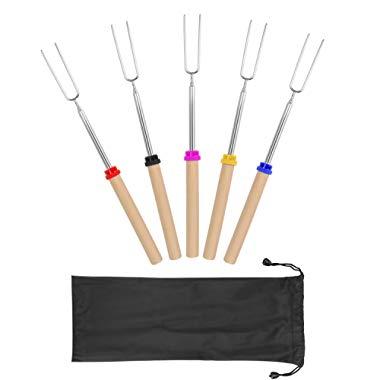 Marshmallow Roasting Sticks with Wooden Handle Extendable Forks Set of 5 PcsTelescoping Smores Skewers for Campfire Firepit and Sausage BBQ, 32 Inch