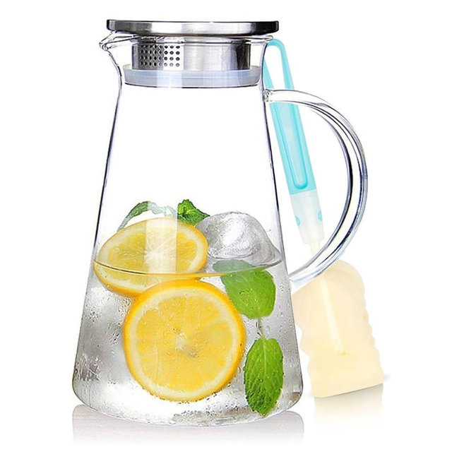 SUSTEAS 2.0 Liter 68oz Glass Pitcher with Lid, Easy Clean Heat Resistant Glass Water Carafe with Handle for Hot/Cold Beverages - Water, Cold Brew, Iced Tea & Juice, With 1 Long-Handled Brush Included