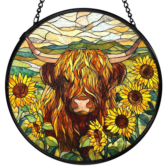 XINCEYWJ Highland Cow Decor, Sunflower Suncatchers Stained Glass Window Hanging, Western Highland Cow Flower Sun Catchers Indoor Window Glass Round Wall Decor 7.9x7.9in