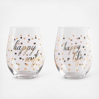"Happy Wife Happy Life" Stemless Wine Glass, Set of 2