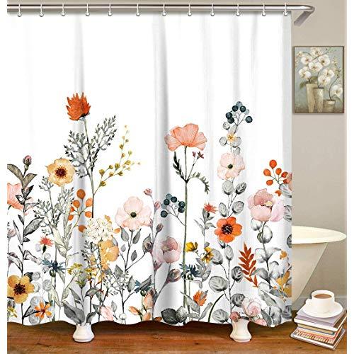 LIVILAN Fabric Floral Shower Curtain Set with 12 Hooks Watercolor Decorative Bath Curtain Modern Bathroom Accessories, Machine Washable, Multi-Color Flowers and Leaves, 72" X 72"