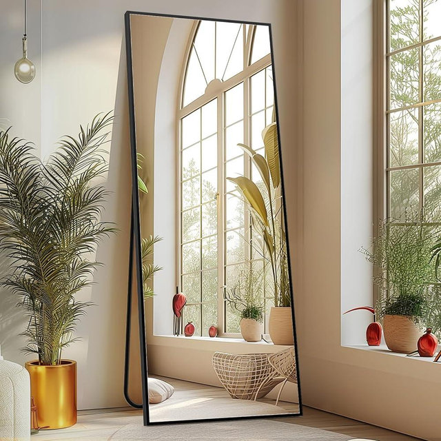 Sweetcrispy 64"x21" Full Length Body Floor Mirror Standing Hanging or Leaning Against Wall, Large Wall Mirror with Stand Aluminum Alloy Frame for Bedroom, Black