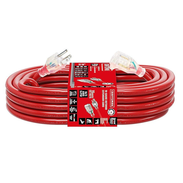 CRAFTSMAN 50 ft. Heavy-Duty Industrial Indoor/Outdoor Extension Cord Waterproof, 10/3 SJTW – Light Up 3 Prong Extension Cord, 15A/1875W/125V, ETL Certified