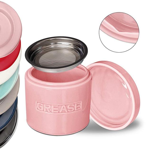 Bacon Grease Oil Container Storage Can Keeper w/Stainless Strainer Paleo Keto Pour Spout Ceramic Porcelain Stoneware Fat Separator Filter Multiple Colors PINK
