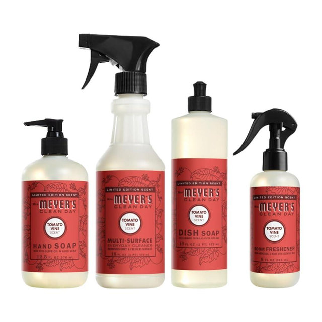 Mrs. MEYER'S Clean Day Tomato Vine Scent Variety Pack, Liquid Hand Soap 12.5 OZ, Liquid Dish Soap 16 OZ, Multi-Surface Cleaner 16 OZ, Room Freshener 8 OZ, 1 CT