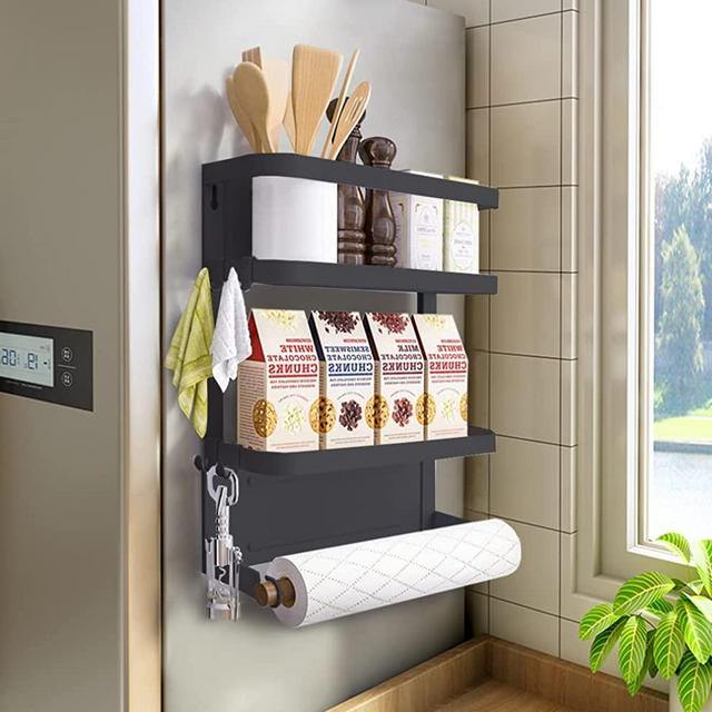 Magnetic Spice Rack, Magnetic Shelf with Paper Towel Holder, Kitchen Refrigerator Storage Rack Fridge Magnet Organizer Strong Magnet Hold up to 18LBS-Black-Medium