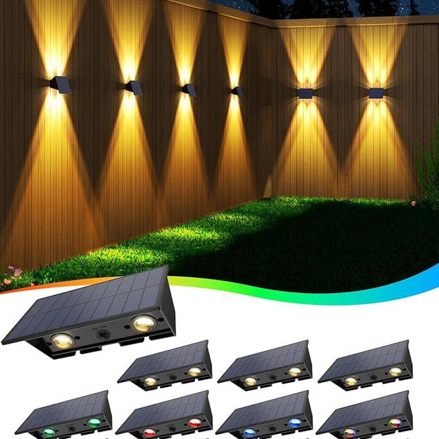 Solar Fence Lights,12 Pack Solar Lights Outdoor Warm White + RGB Up & Down Solar Wall Lights Waterproof 100 Lumens Dusk to Dawn Solar Powered Fence Light for Backyard/Pool/Railing/Patio/Porch/Step