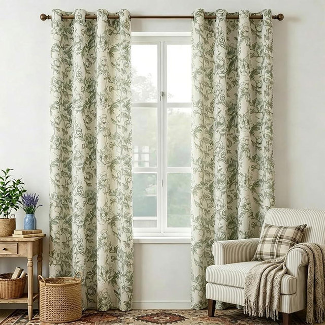 Conkov Green Floral Curtains for Living Room 96 Inches Long French Country Green Peony Print on Beige Linen Curtains Light Filtering Cottage Window Treatment Farmhouse Drapes,Pack-2,50" W X 96" L