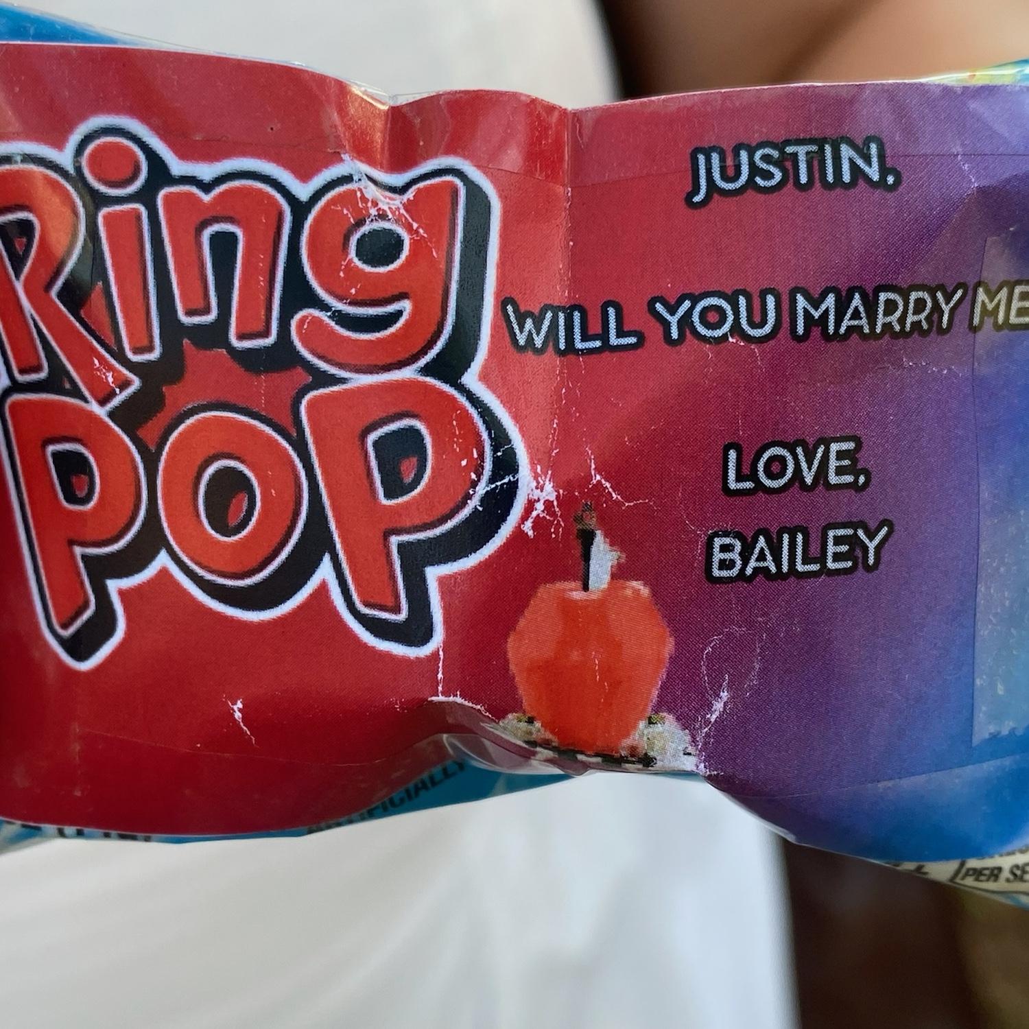 The ring pop Bailey used to "propose" to Justin