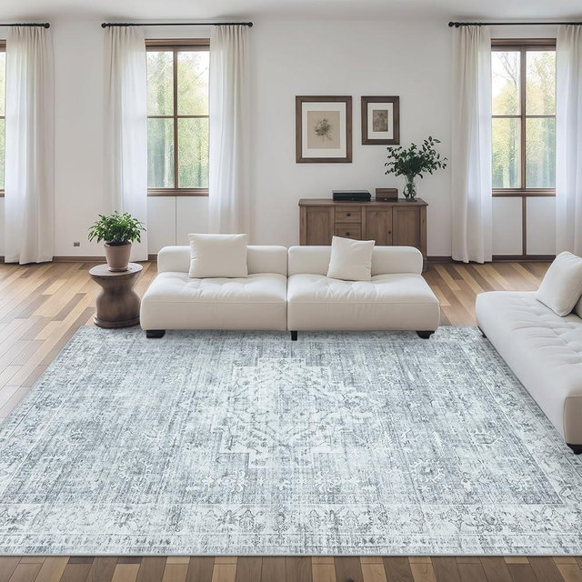 LIVEBOX Washable Area Rugs 9x12 Living Room - Large Vintage Neutral Living Room Rug Oriental Rug for Bedroom, Non-Slip Retro Distressed Rug for Dining Room Guest Room Office