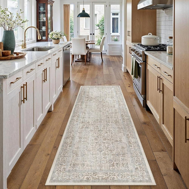 PureCozy Taupe Runner Rug 2x6 Hallway Machine Washable Kitchen Vintage Distressed Non Slip Long Carpet Indoor Retro Floral Bedroom Accent Throw Rug for Bathroom Office Laundry Dining Living Room