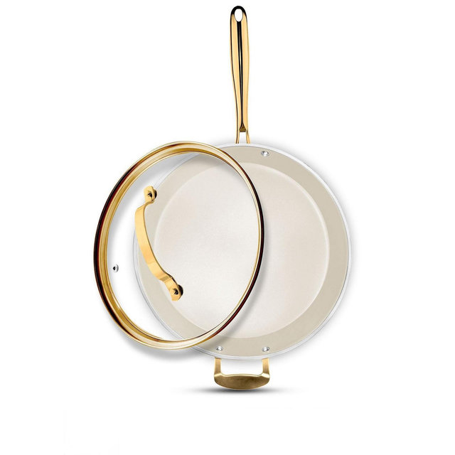 Gotham Steel Cream 14'' Ultra Nonstick Ceramic Family Pan with Lid and Gold Handles