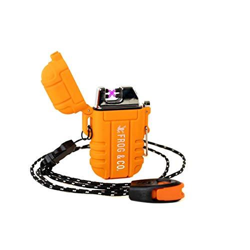 Tough Tesla Lighter – Outdoor Waterproof Windproof Dual Arc Plasma USB Electric w/Paratinder Lanyard & Emergency Whistle by Frog & Co. (Orange)