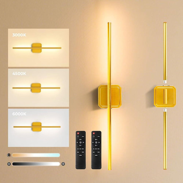 GvvooHome Battery Operated Wall Sconces Set of 2, Wall Lamps Detachable 360°Rotate, 3000-6500K Dimmable with Remote Control, 10000mAh Rechargeable Wall Lights for Bedroom, Living Room 28.3" Gold