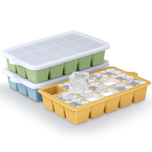 Silicone Ice Cube Trays 3Packs, Easy Release Ice Cube Molds with Lid, Freezer Stackable Ice Maker for Whiskey, Baby Food, BPA Free (3, Blue+Green+Yellow)