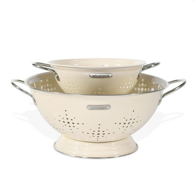 Metal Colander 2 Pack, Strainer Bowel with Handles 2Qt & 6Qt Powder Coated Solid Ring Base Heavey Duty Kitchen Drainer Basket for Pasta Veggies and Fruits,New Home Apartment Essentials (Almond Cream)