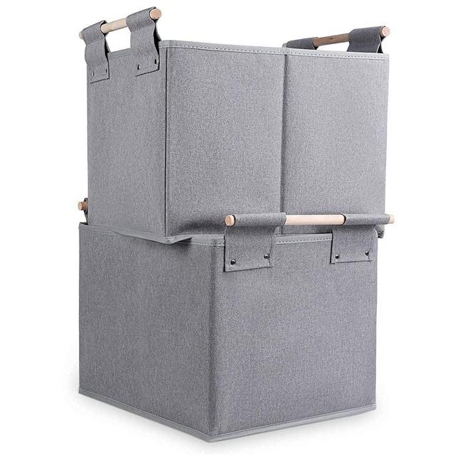 Inspack 2-Pack Closet Organizer and Storage Bins, Wooden Handle Storage Basket, Square, Grey