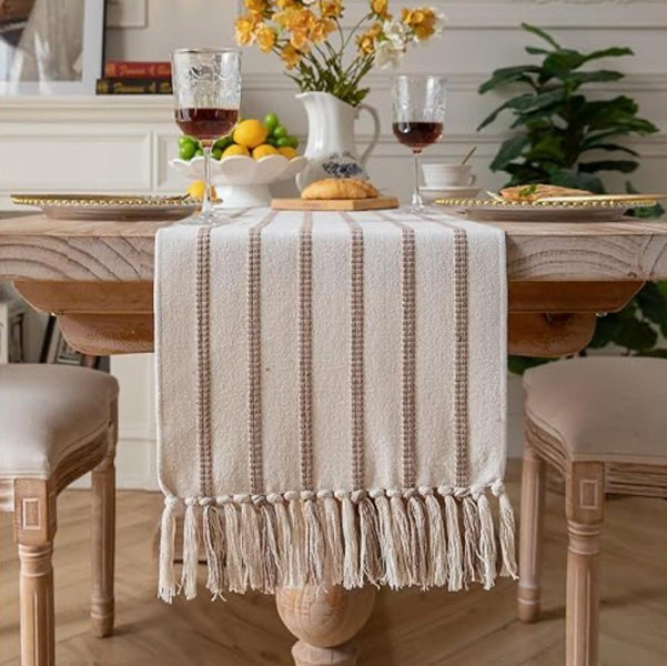Caflife Boho Table Runner 72 Inchs Long Taupe and Beige, Cotton and Linen Woven with Tassels, for Modern Rustic Farmhouse Neutral Table Runners, Bohemian Kitchen Dining Table Home Decor