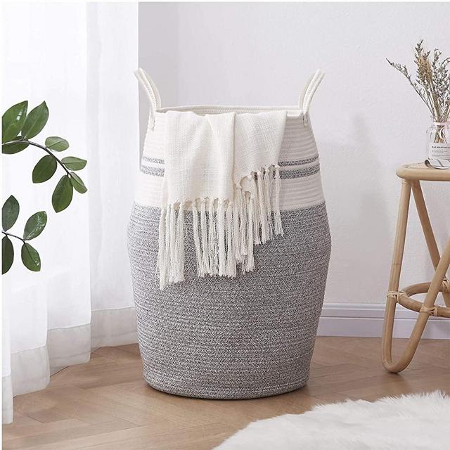 OIAHOMY Laundry Hamper Woven Cotton Rope Large Clothes Hamper 25.6" Height Modern Curve Basket with Extended Cotton Handles for Storage Clothes Toys in Bedroom, Bathroom, Foldable (White & light grey)