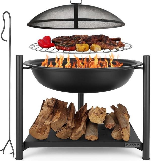 SereneLife 26" Outdoor Wood Fire Pit with BBQ Grill, Mesh Screen, and Wood Storage – Heavy-Duty Steel Frame, Heat-Resistant – Ideal for Bonfires, Camping, and Outdoor Cooking