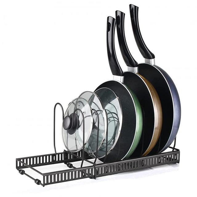 Expandable Pots and Pans Organizer- Pot Organizer Rack for Cabinet- Rustproof Pot Holder Rack for Kitchen Countertops and Cabinets with 10 Adjustable Compartments for Cookware and Bakeware