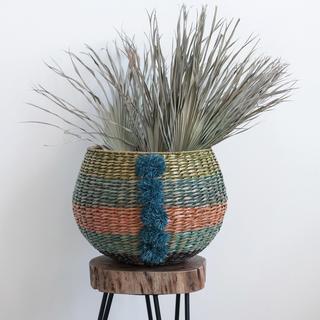 Handwoven Cattail Basket with Raffia Pom Poms