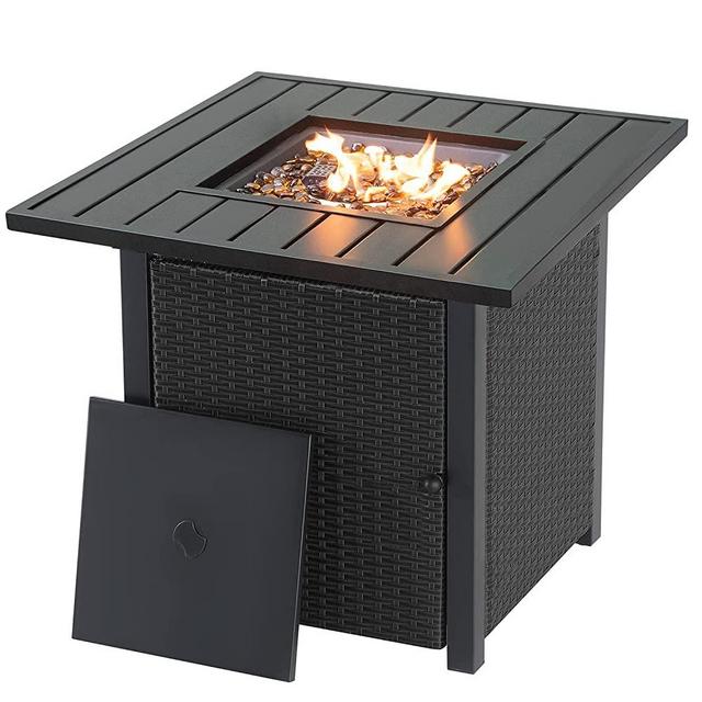Propane Fire Pit Table Wicker 28in 40,000 BTU, Patio Outdoor LP Rattan Gas FirePit Steel Tabletop with Lid and Fire Glass Beads CSA Certified, Black