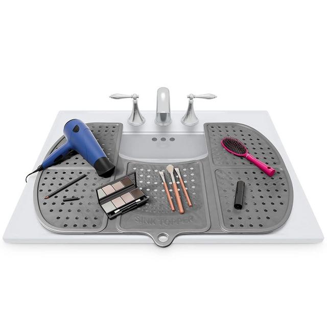 Sink Topper Foldable Sink Cover - Silicone Beauty Makeup Brush Cleaning Mat - Vanity Tools Organizer - Bathroom Must Have Accessory for Extra Space & Storage Saver - Cleaner Pad - Large, Silver
