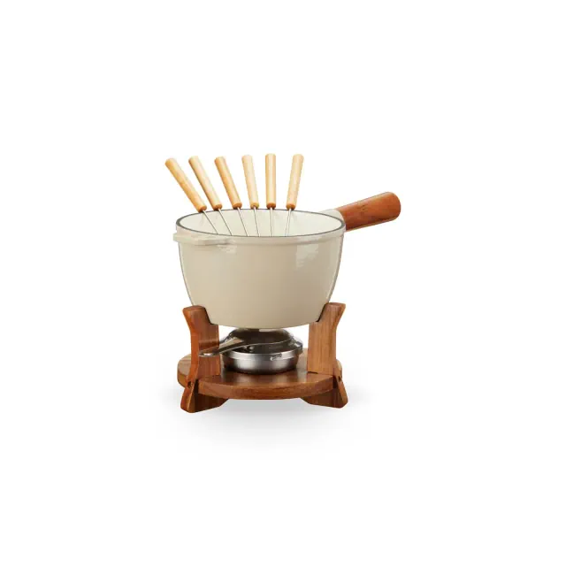 Twine Farmhouse Kitchen Enamel Cast Iron Fondue Set Cheese Melting Fondue Pot Metal Stand with Stainless Steel Forks and Wood Stand, Beige Set of 1
