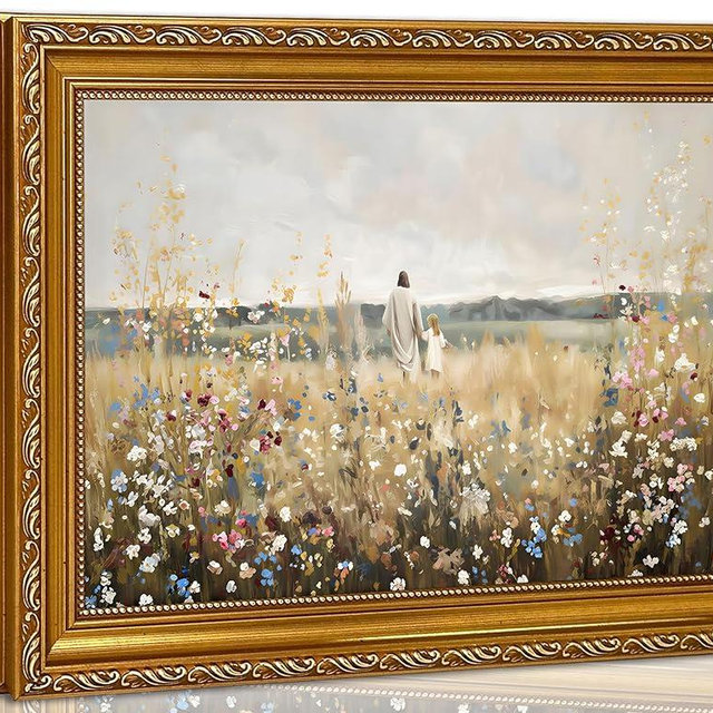Vintage Gold Framed Wall Art Jesus and Girl Wall Decor Christian Religious Posters Prints Jesus and Girl Walking in Wildflower Painting Pictures for Living Prayer Room Bedroom 9x11 Inches