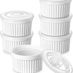 6 oz Ramekins with Lid, Porcelain Dishes, Dishwasher and Oven Safe, Set of 6