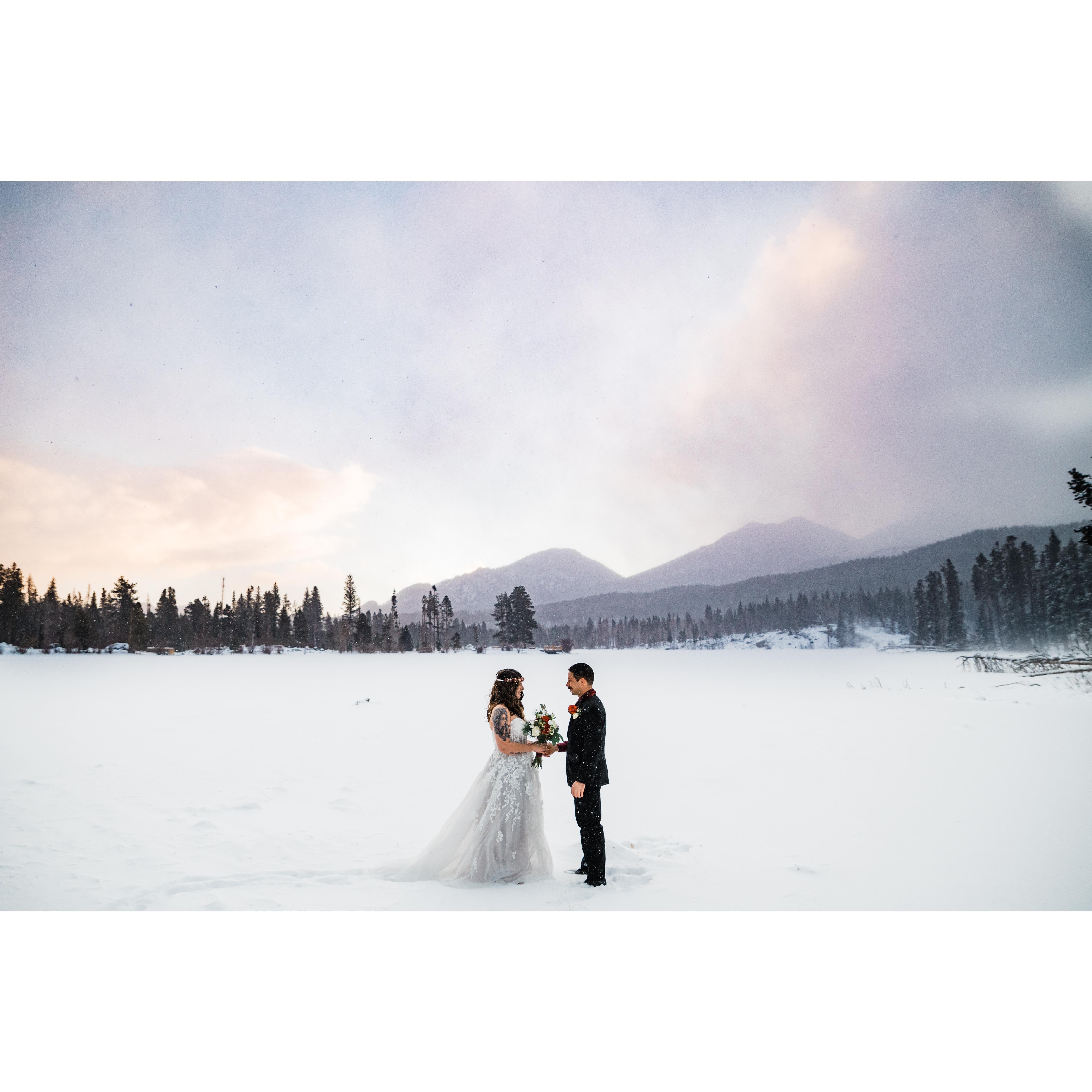 It was windy & snowing during our ceremony so this was one of the better pictures of the mountains at our ceremony location--Sprague Lake.