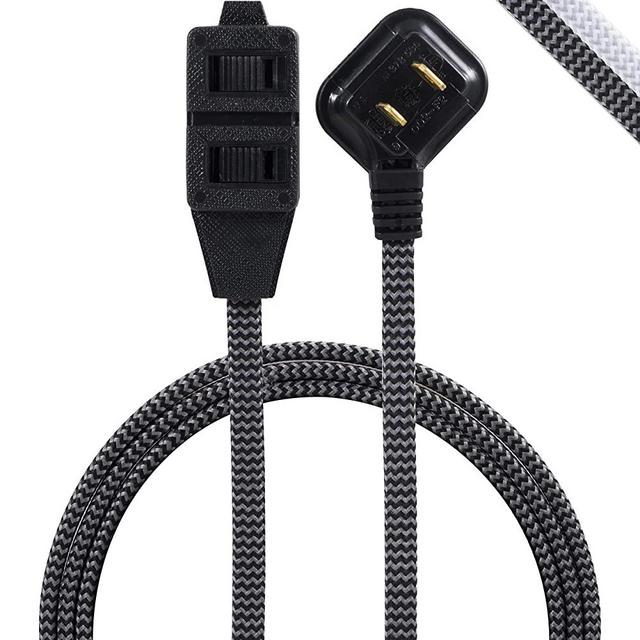GE, Gray & Black, 6 Ft Designer Braided Extension, 3 Strip, 2 Prong Outlets, Flat Plug, Tangle-Free Power Cord, Perfect for Home, Office or Kitchen, UL Listed, 42384, 6 Ft, 6 Ft