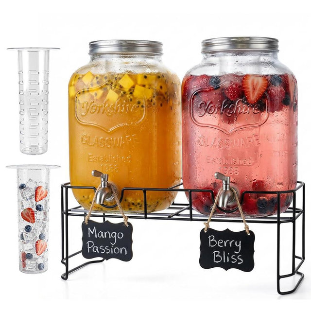 DD&HAPP 2 Gallon Glass Drinks For Parties With Stand.Stainless Steel Spigots & Metal Stand,Large Capacity Beverage Dispenser for Party,Infused Water,Iced Tea,Lemonade,Outdoor,Commercial Use.