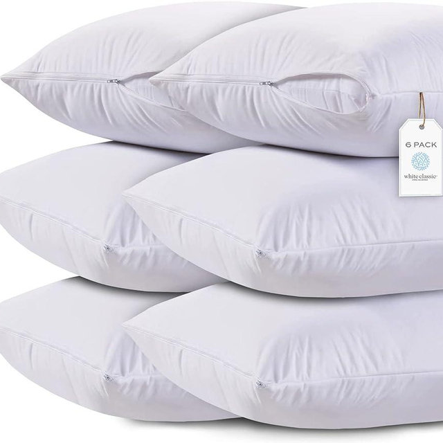 White Classic Pillow Cases Queen Size Set of 6-20 x 30 Ultra-Soft Queen Pillow Protectors with Zipper, 200 Thread Count, Envelope Closure