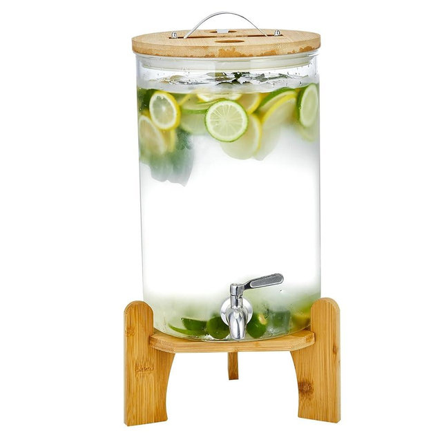 Beverage Dispenser 2.1 Gallon with Spigot Glass Water Dispenser for Parties, Bars, Restaurants (8L）with Wood Stand Drink Dispensers