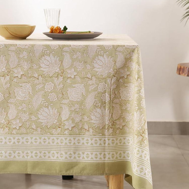 Labhanshi Indian Handblock Print Floral Cotton Rectangle 60x90 Inch 6-Seater Dining Tablecloth|Washable Spring St. Patrick Picnic Outdoor Camping Festive Easter Table Cover|Sand