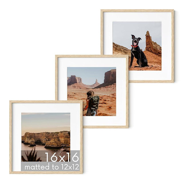 HAUS AND HUES Solid Oak Wood 16”x16” Picture Frames Matted to 12”x12” Set of 3 - Beige Square Frames 16x16, 16 x 16 Print Frames, Natural Wooden 16x16 Picture Frames Square (Beige Oak Frames)