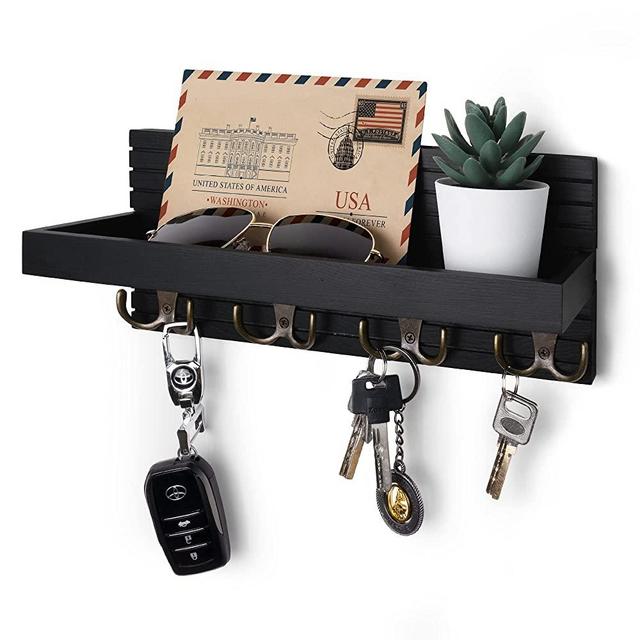 NAUMOO Black Wooden Key Holder - Wall Mounted Mail Organizer and Key Hanger - Modern Farmhouse Entryway Shelf with 4 Double Brass Hooks - Decorative Rack for Car Keys, Wallet