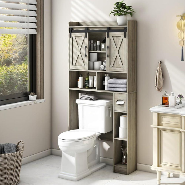 Over The Toilet Storage Cabinet, Farmhouse Storage Cabinet Over Toilet with Sliding Door& Toilet Paper Holder Stand，Home Space-Saving Toilet Rack, for Bathroom, Restroom, Laundry