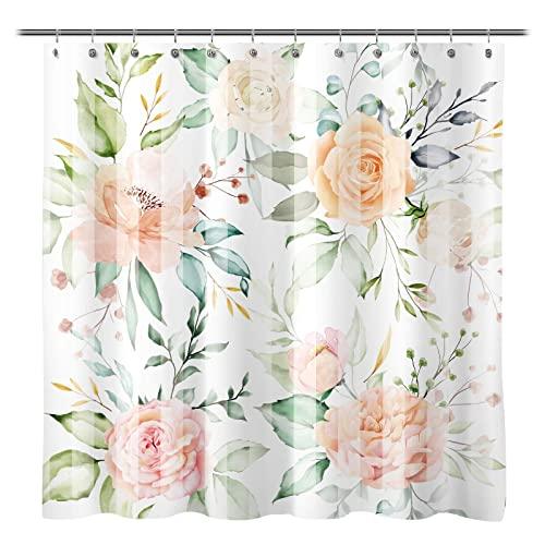 Sunlit Design Watercolor Spring Flowers with Leaves Fabric Shower Curtain with White Stripes, Beautiful Floral Scenery Rose Peony Bathroom Decoration Curtains