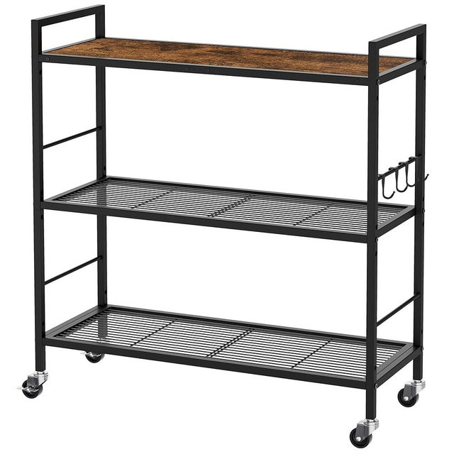 XIVIRACK 3-Tier Metal Storage Rack with Industrial Wheels,Mesh Shelving Unit with Wooden Table top,Adjustable Shelf,31.5-Inch Width, for Kitchen, Laundry,Pantry,Plant,Black