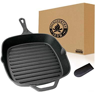 Backcountry Cast Iron 12" Large Square Grill Pan (Pre-Seasoned for Non-Stick Like Surface, Cookware Range/Oven/Broiler/Grill Safe, Kitchen Skillet Restaurant Chef Quality)