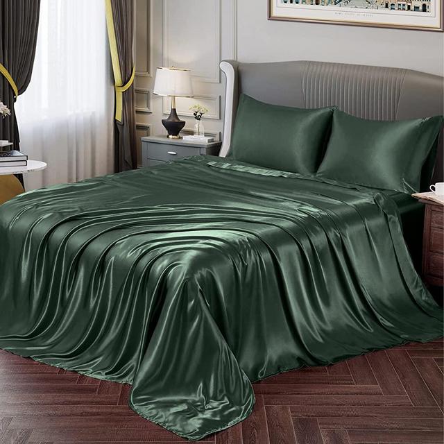 Vonty Satin Sheets Queen Silky Soft Satin Bed Sheets Forest Green Satin Sheet Set, 1 Deep Pocket Fitted Sheet + 1 Flat Sheet + 2 Pillowcases