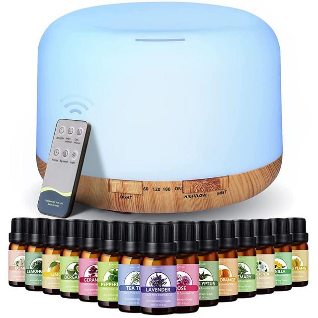 Oil Diffuser with 15x10mL Essential Oils, 500ml Essential Oil Diffusers, Aromatherapy Diffuser with 2 Mist Mode 4 Timers＆7 Ambient Light Waterless Auto Off for Diffusers Large Room Home Office